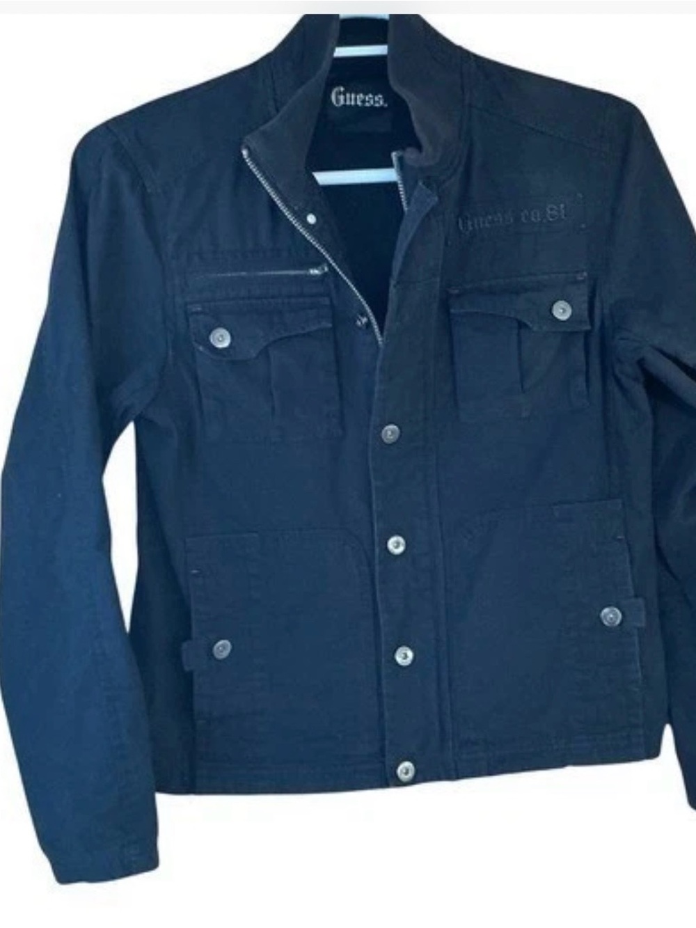 Guess women's S/P black denim‎ moto trucker jacket VTG Americana
